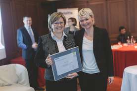 The certificate for successful sustainability reporting was collected on behalf of Lek, a Sandoz company, by Mojca Bernik, Sustainability Reporting Manager and Environment Safety Authority (left) and Mojca Pavlin, Corporate Communications (right)   