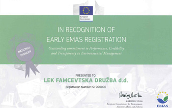 Priznanje EU za pionirsko vlogo pri uveljavljanju sistema EMAS v Sloveniji 